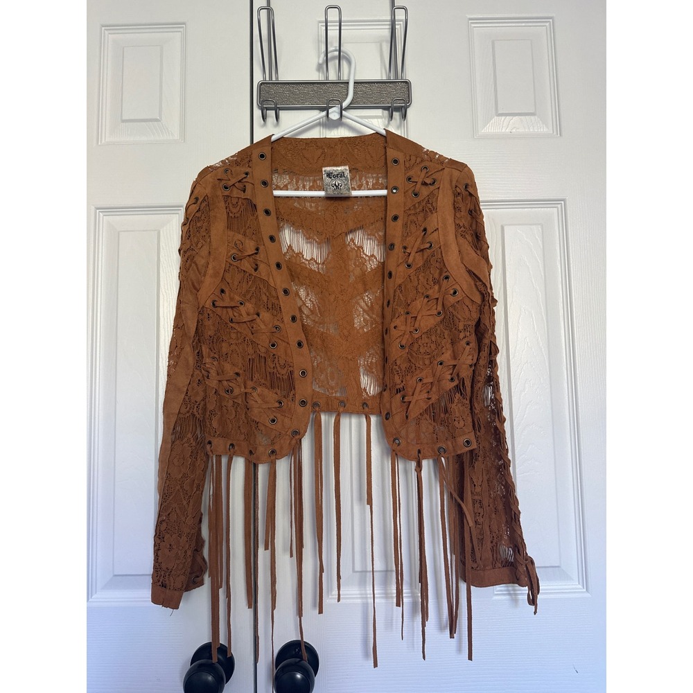 Vocal USA Womens Medium Brown Lace Fringe Cropped Western Boho Jacket festival